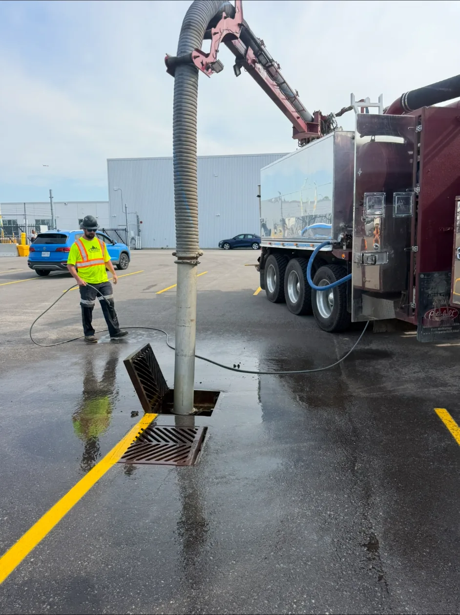 Worker and vacuum truck at a commercial catch basin