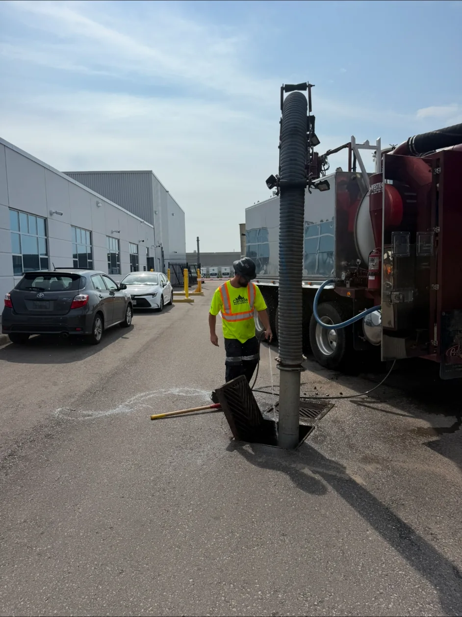 Worker beside vacuum equipment at a commercial drain
